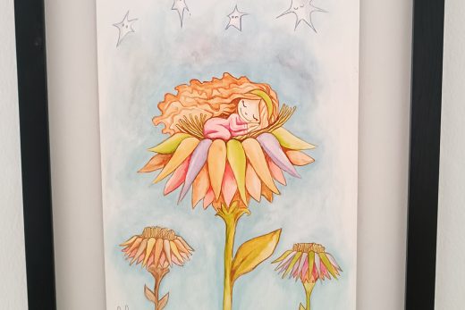 watercolor. Little girl sleeping in the lap of flowers.